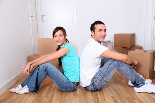 Packing boxes and furniture ready for a moving van in Ruislip
