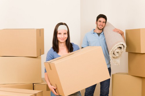 Packed business equipment ready for a commercial move